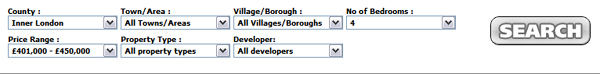 Example of a search for London Properties with 4 Bedrooms costing between 401,000 and 450,000